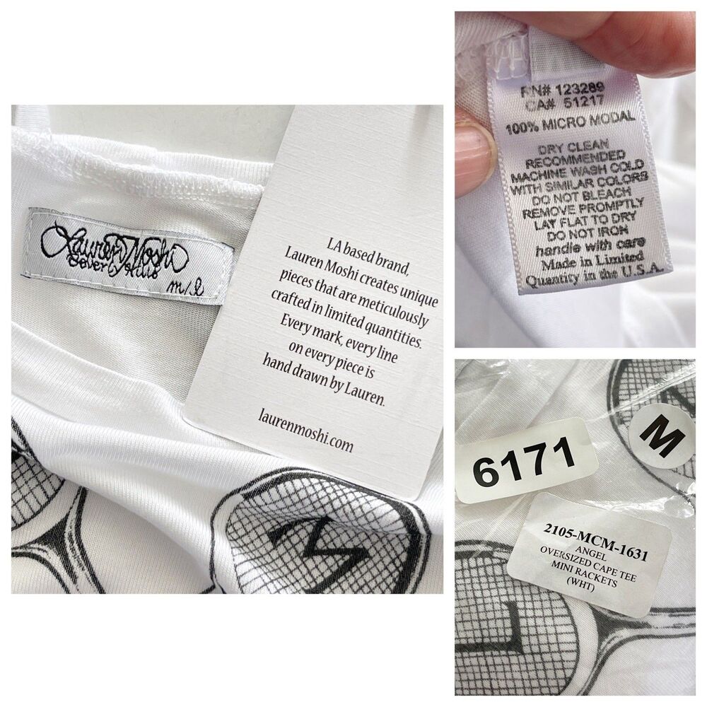 Lauren Moshi NEW Angel Oversized T-Shirt w/ Mini Tennis Rackets Size M/L White - Picture 8 of 11